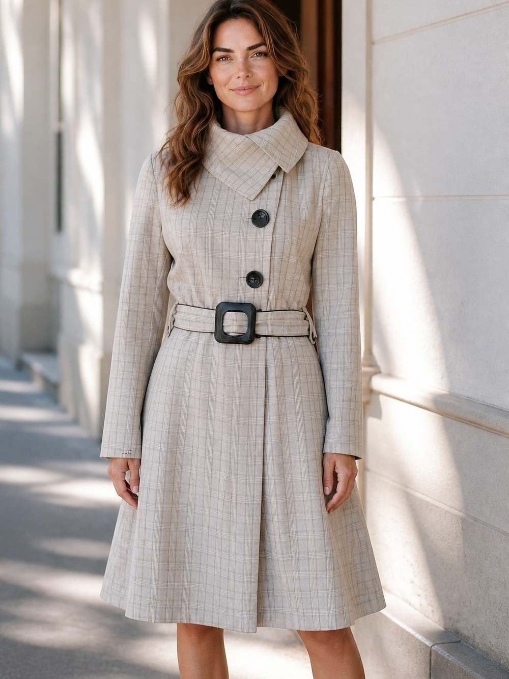 SOIA & KYO beige Plaid Belted Asymmetrical Wrap Coat Trench Coat Size M